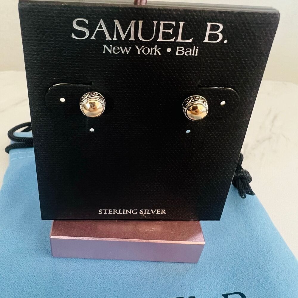 SAMUEL B. Sterling Silver & 18K Yellow Gold Round Stud Earrings, GOLD,‎ NWT - Picture 4 of 13